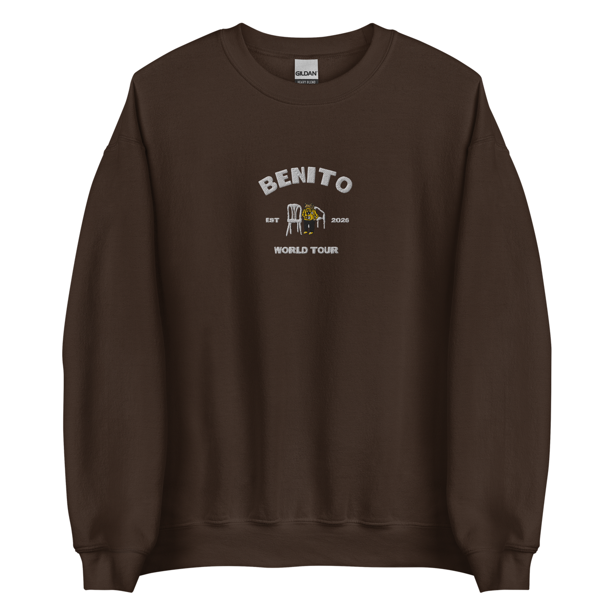 Dark chocolate crewneck sweatshirt with white ‘Benito World Tour’ graphic and small central illustration, inspired by Bad Bunny merchandise, DtMF era tour apparel, and minimalist streetwear design
