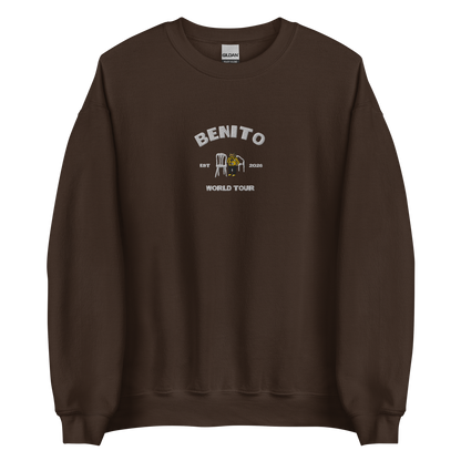 Dark chocolate crewneck sweatshirt with white ‘Benito World Tour’ graphic and small central illustration, inspired by Bad Bunny merchandise, DtMF era tour apparel, and minimalist streetwear design