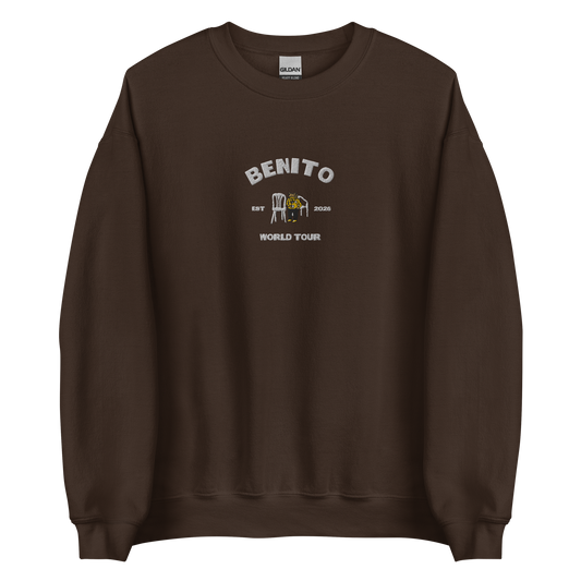 Dark chocolate crewneck sweatshirt with white ‘Benito World Tour’ graphic and small central illustration, inspired by Bad Bunny merchandise, DtMF era tour apparel, and minimalist streetwear design