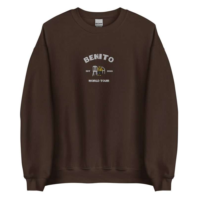 Dark chocolate crewneck sweatshirt with white ‘Benito World Tour’ graphic and small central illustration, inspired by Bad Bunny merchandise, DtMF era tour apparel, and minimalist streetwear design