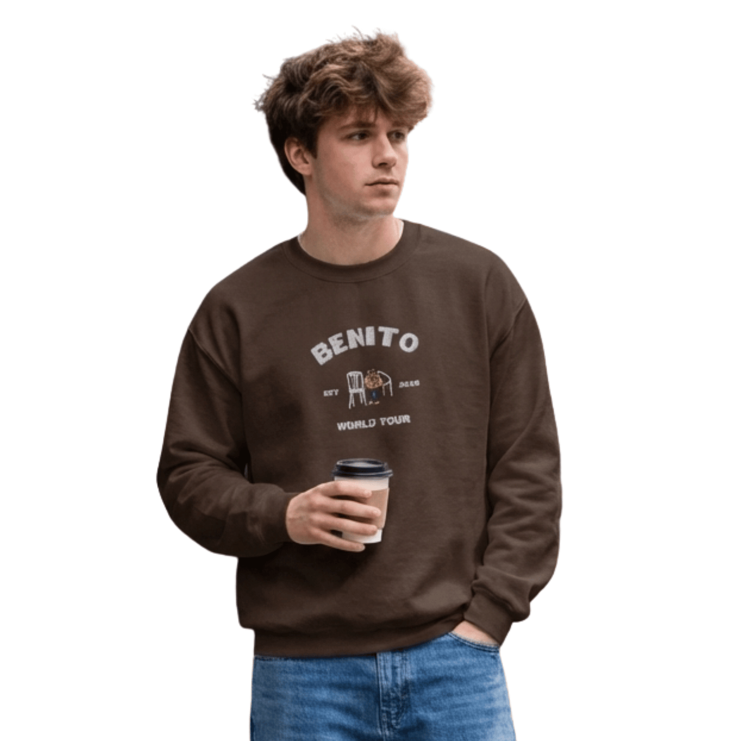 Dark chocolate crewneck sweatshirt with white ‘Benito World Tour’ graphic and small central illustration, inspired by Bad Bunny merchandise, DtMF era tour apparel, and minimalist streetwear design
