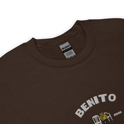 Dark chocolate crewneck sweatshirt with white ‘Benito World Tour’ graphic and small central illustration, inspired by Bad Bunny merchandise, DtMF era tour apparel, and minimalist streetwear design
