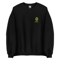 Black crewneck sweatshirt with small colorful embroidered ‘Benito’ crest logo on the chest, inspired by Bad Bunny merchandise, DtMF era streetwear, and minimalist tour-style apparel