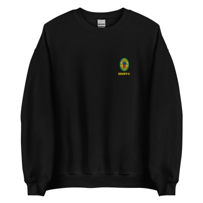 Black crewneck sweatshirt with small colorful embroidered ‘Benito’ crest logo on the chest, inspired by Bad Bunny merchandise, DtMF era streetwear, and minimalist tour-style apparel