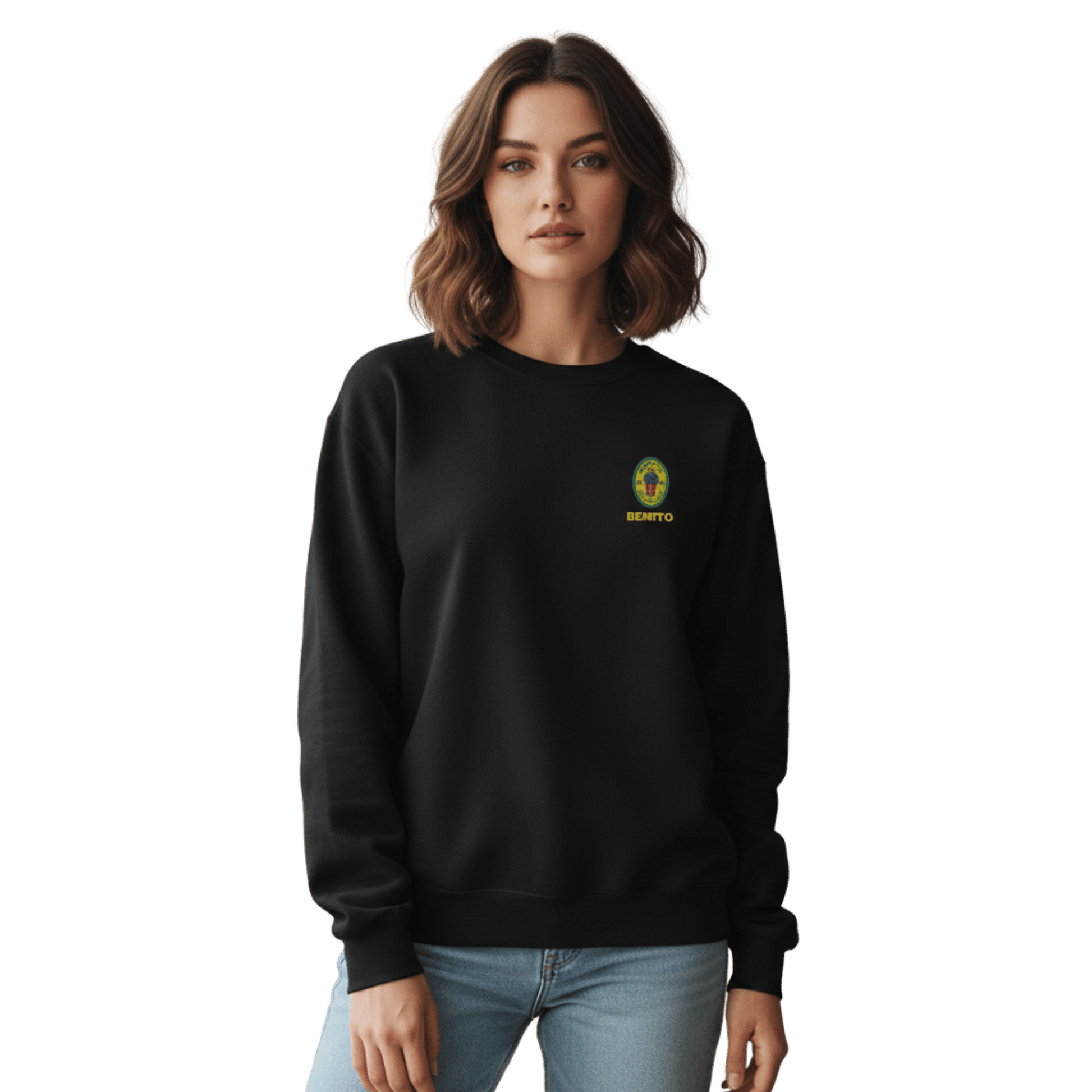 Black crewneck sweatshirt with small colorful embroidered ‘Benito’ crest logo on the chest, inspired by Bad Bunny merchandise, DtMF era streetwear, and minimalist tour-style apparel