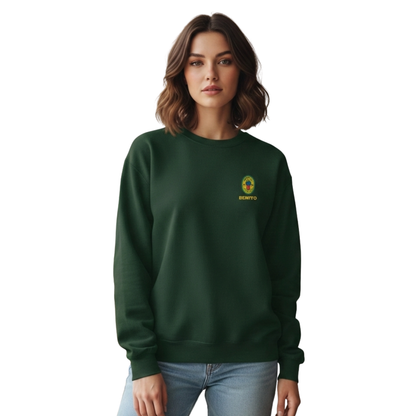 Green crewneck sweatshirt with small colorful embroidered ‘Benito’ crest logo on the chest, inspired by Bad Bunny merchandise, DtMF era streetwear, and minimalist tour-style apparel