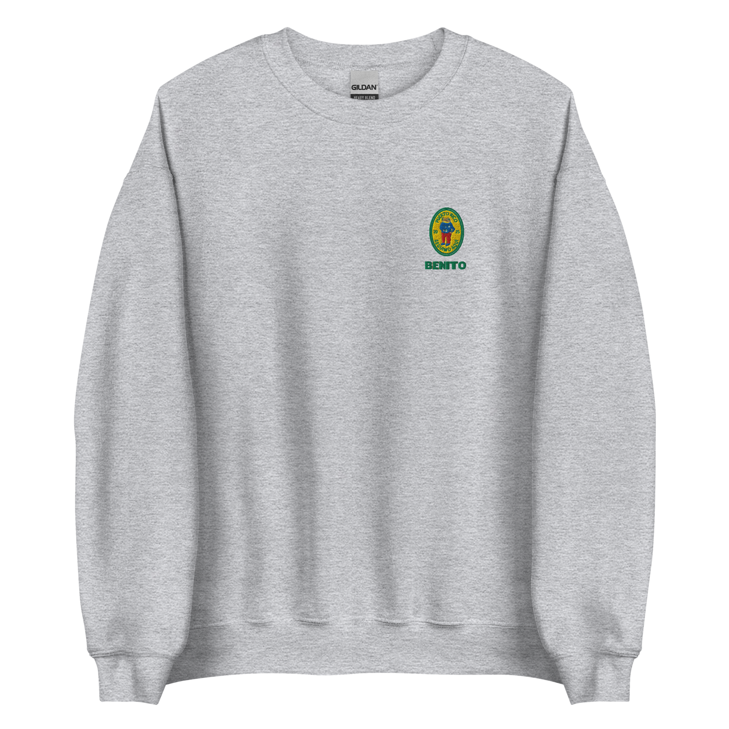 Grey crewneck sweatshirt with small colorful embroidered ‘Benito’ crest logo on the chest, inspired by Bad Bunny merchandise, DtMF era streetwear, and minimalist tour-style apparel