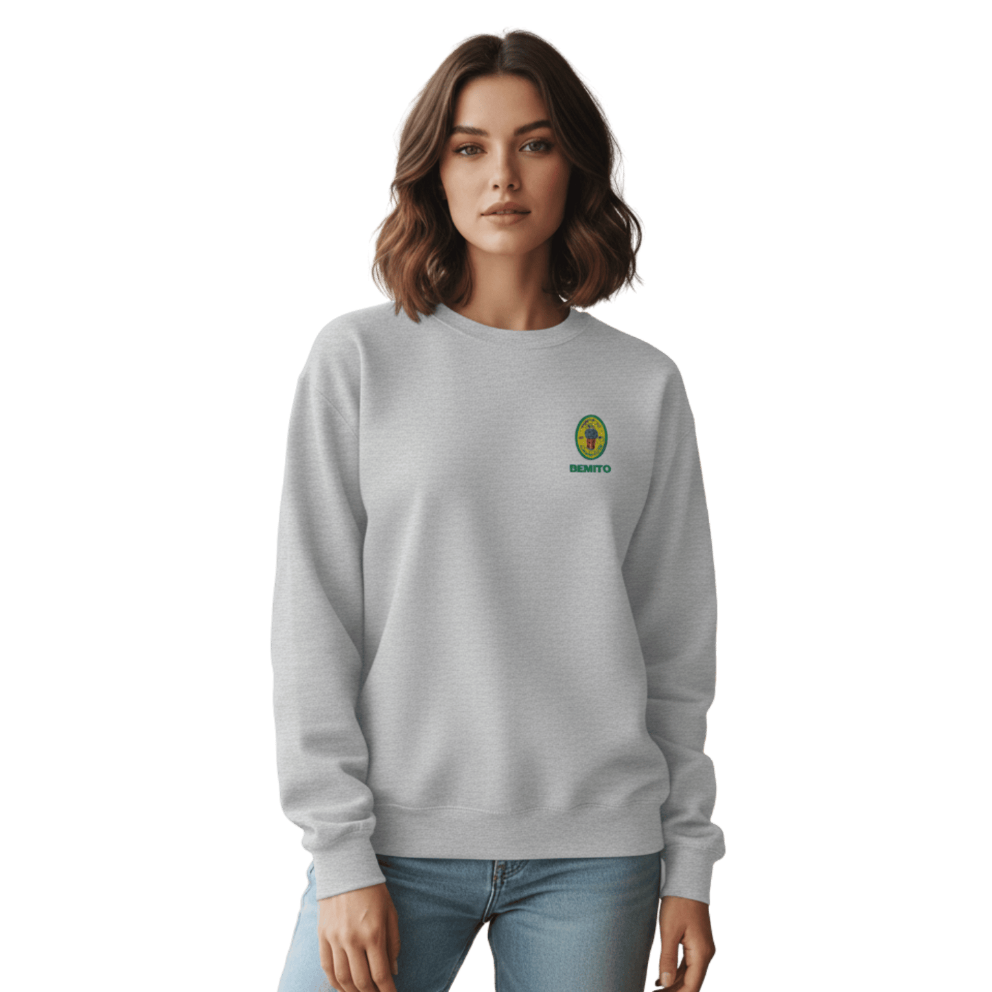Grey crewneck sweatshirt with small colorful embroidered ‘Benito’ crest logo on the chest, inspired by Bad Bunny merchandise, DtMF era streetwear, and minimalist tour-style apparel