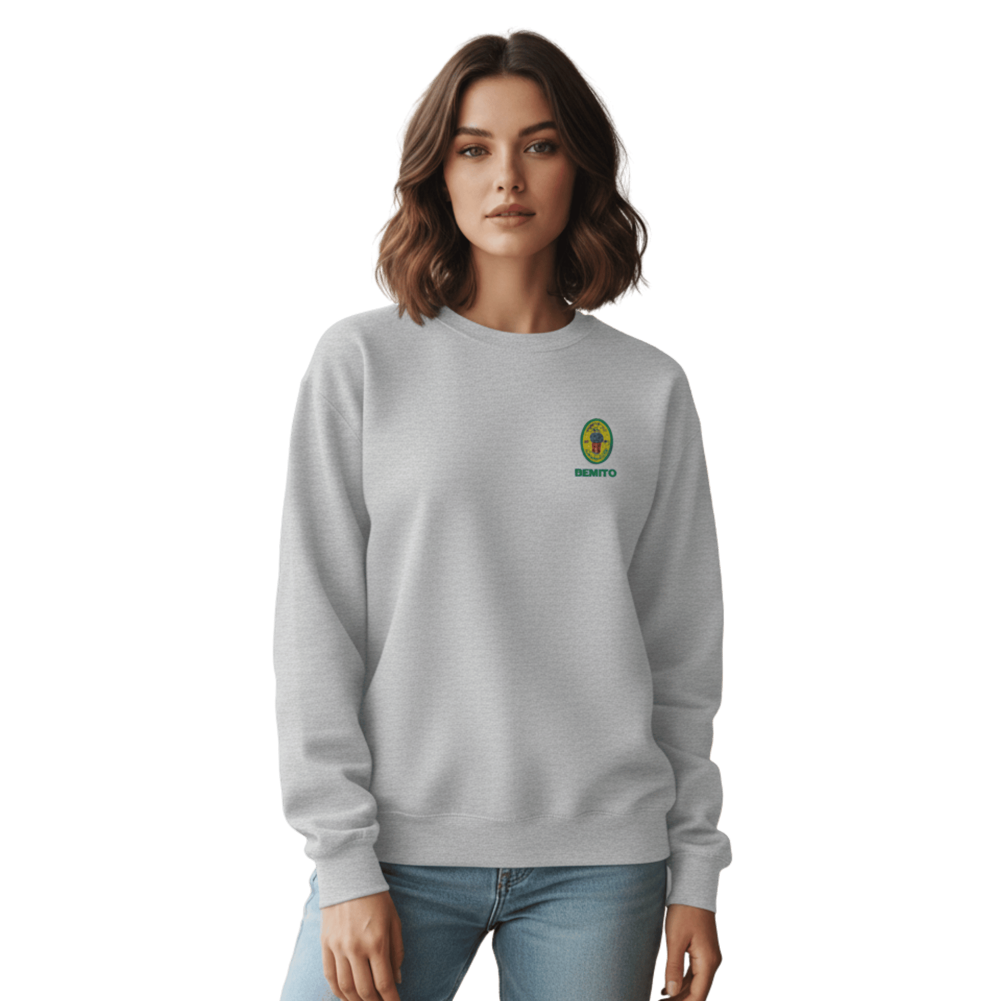 Grey crewneck sweatshirt with small colorful embroidered ‘Benito’ crest logo on the chest, inspired by Bad Bunny merchandise, DtMF era streetwear, and minimalist tour-style apparel
