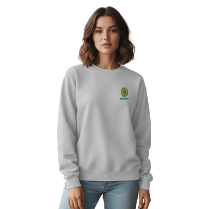 Grey crewneck sweatshirt with small colorful embroidered ‘Benito’ crest logo on the chest, inspired by Bad Bunny merchandise, DtMF era streetwear, and minimalist tour-style apparel
