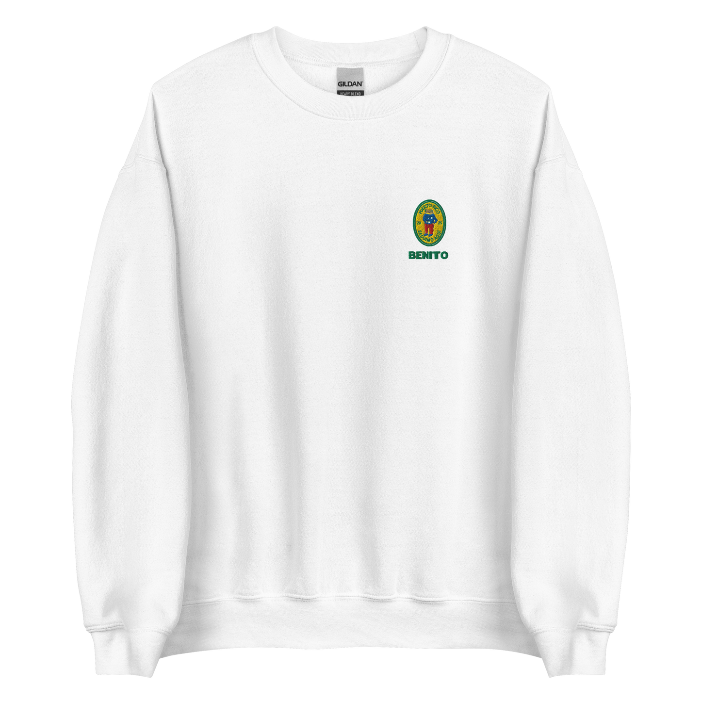 White crewneck sweatshirt with small colorful embroidered ‘Benito’ crest logo on the chest, inspired by Bad Bunny merchandise, DtMF era streetwear, and minimalist tour-style apparel
