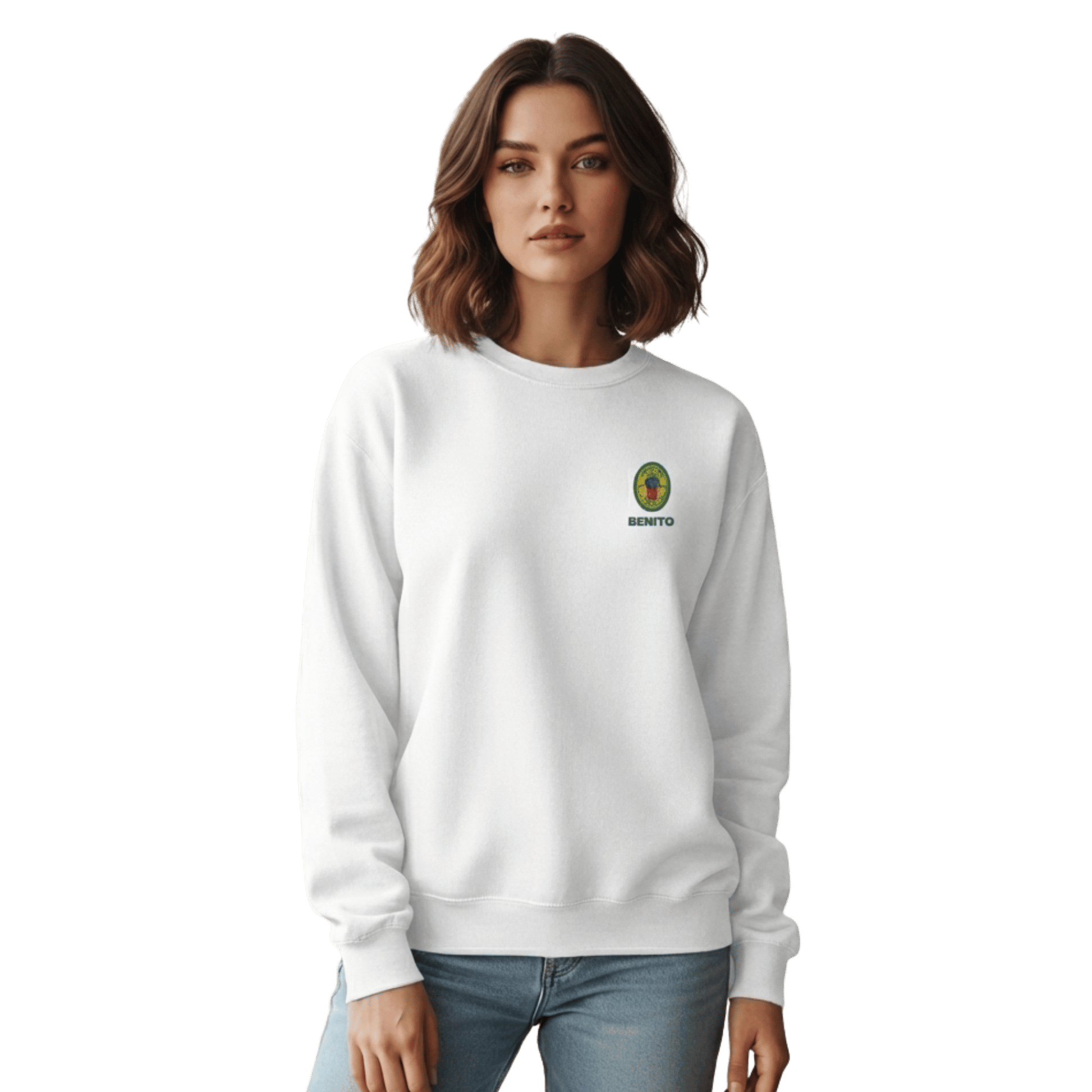 White crewneck sweatshirt with small colorful embroidered ‘Benito’ crest logo on the chest, inspired by Bad Bunny merchandise, DtMF era streetwear, and minimalist tour-style apparel