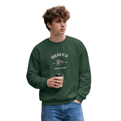 Green crewneck sweatshirt with white ‘Benito World Tour’ graphic and small central illustration, inspired by Bad Bunny merchandise, DtMF era tour apparel, and minimalist streetwear design