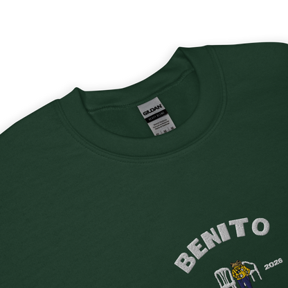 Green crewneck sweatshirt with white ‘Benito World Tour’ graphic and small central illustration, inspired by Bad Bunny merchandise, DtMF era tour apparel, and minimalist streetwear design
