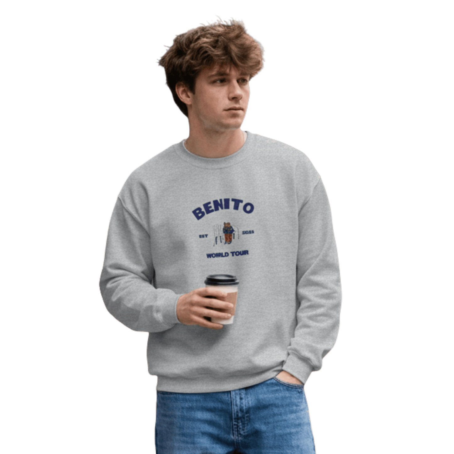 Grey crewneck sweatshirt with blue ‘Benito World Tour’ graphic and small central illustration, inspired by Bad Bunny merchandise, DtMF era tour apparel, and minimalist streetwear design