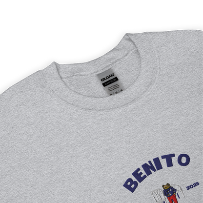 Grey crewneck sweatshirt with blue ‘Benito World Tour’ graphic and small central illustration, inspired by Bad Bunny merchandise, DtMF era tour apparel, and minimalist streetwear design