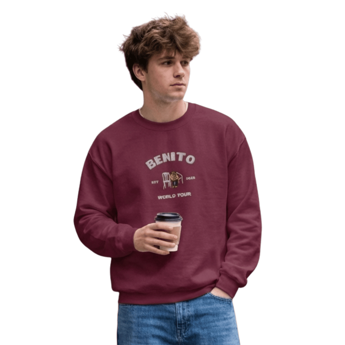 Maroon crewneck sweatshirt with white ‘Benito World Tour’ graphic and small central illustration, inspired by Bad Bunny merchandise, DtMF era tour apparel, and minimalist streetwear design