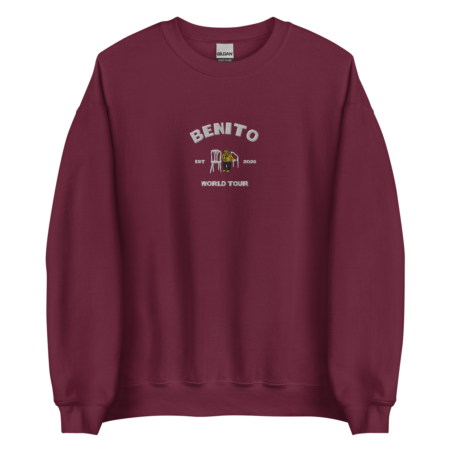 Maroon crewneck sweatshirt with white ‘Benito World Tour’ graphic and small central illustration, inspired by Bad Bunny merchandise, DtMF era tour apparel, and minimalist streetwear design