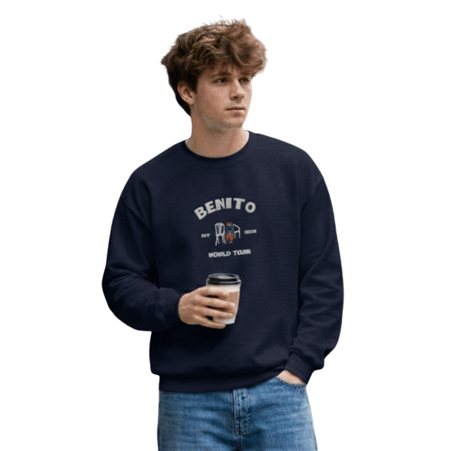 Navy crewneck sweatshirt with white ‘Benito World Tour’ graphic and small central illustration, inspired by Bad Bunny merchandise, DtMF era tour apparel, and minimalist streetwear design