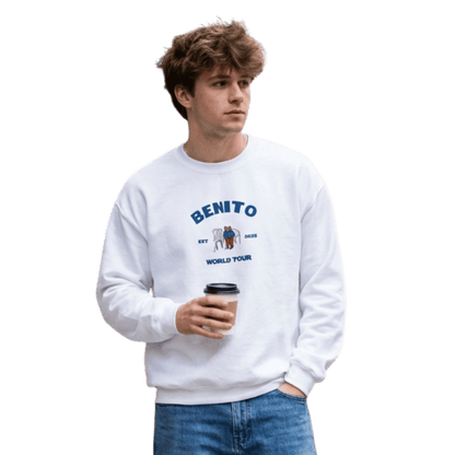 White crewneck sweatshirt with blue ‘Benito World Tour’ graphic and small central illustration, inspired by Bad Bunny merchandise, DtMF era tour apparel, and minimalist streetwear design