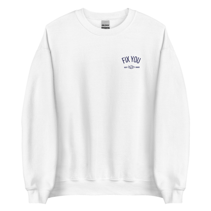 White minimalist crewneck featuring blue “Fix You” typography with subtle graphic detail - Coldplay inspired band merch, aesthetic Coldplay “Fix You” song fan apparel