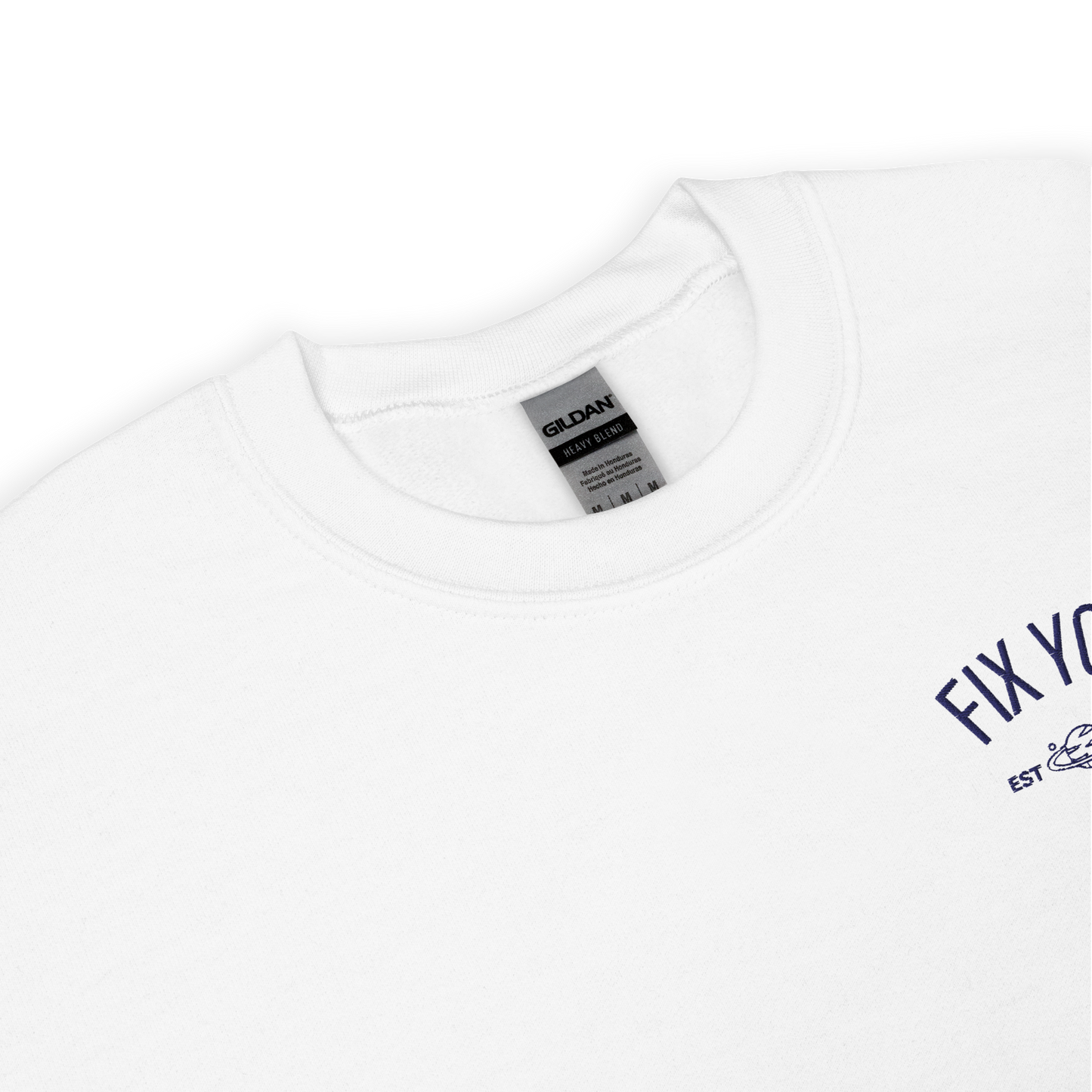 White minimalist crewneck featuring blue “Fix You” typography with subtle graphic detail - Coldplay inspired band merch, aesthetic Coldplay “Fix You” song fan apparel