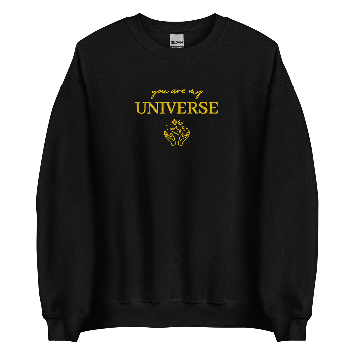 Black crewneck sweatshirt featuring yellow typography that reads “you are my Universe” with minimalist hands holding stars illustration -inspired by Coldplay’s hit song “My Universe”, aesthetic fan apparel for music lovers.