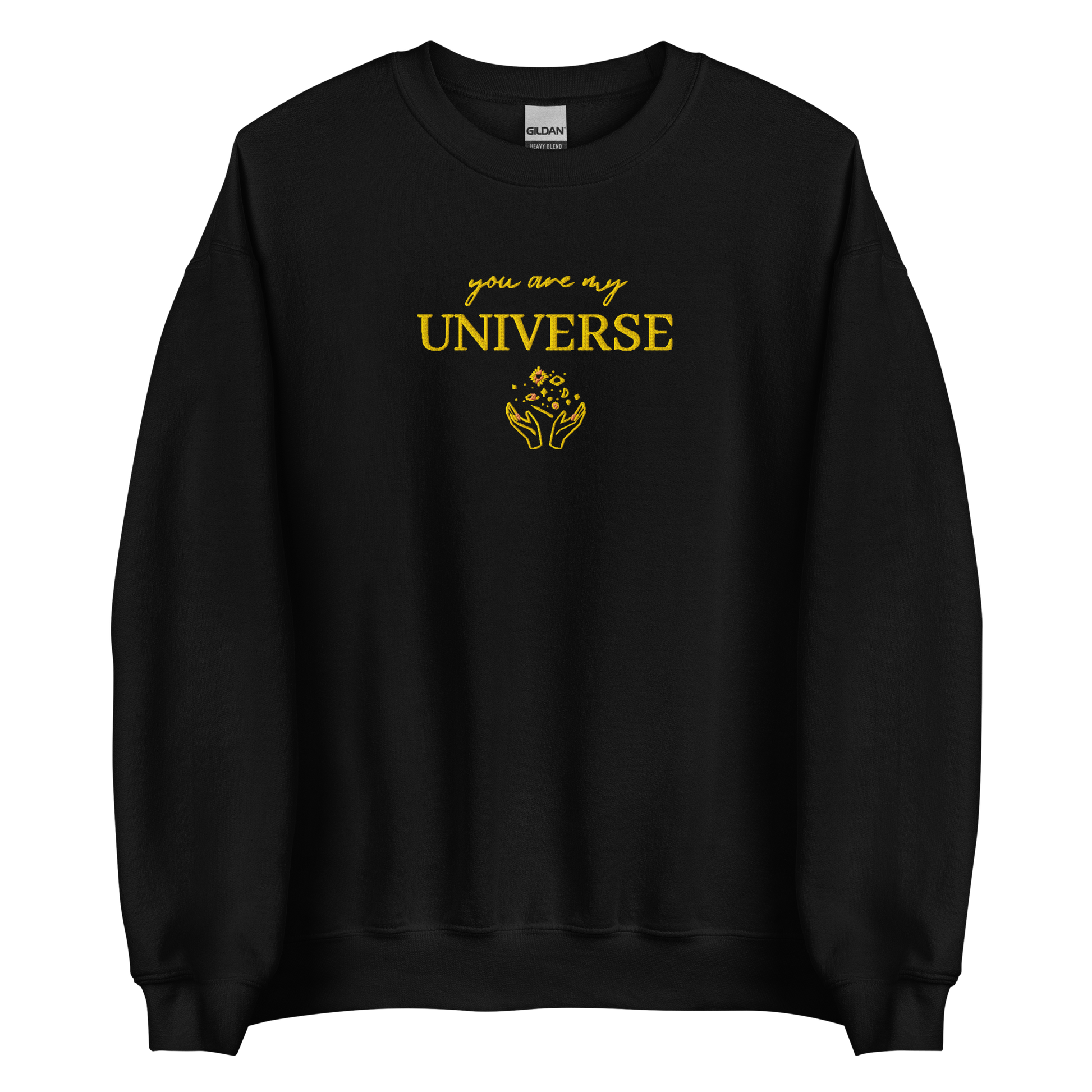 Black crewneck sweatshirt featuring yellow typography that reads “you are my Universe” with minimalist hands holding stars illustration -inspired by Coldplay’s hit song “My Universe”, aesthetic fan apparel for music lovers.