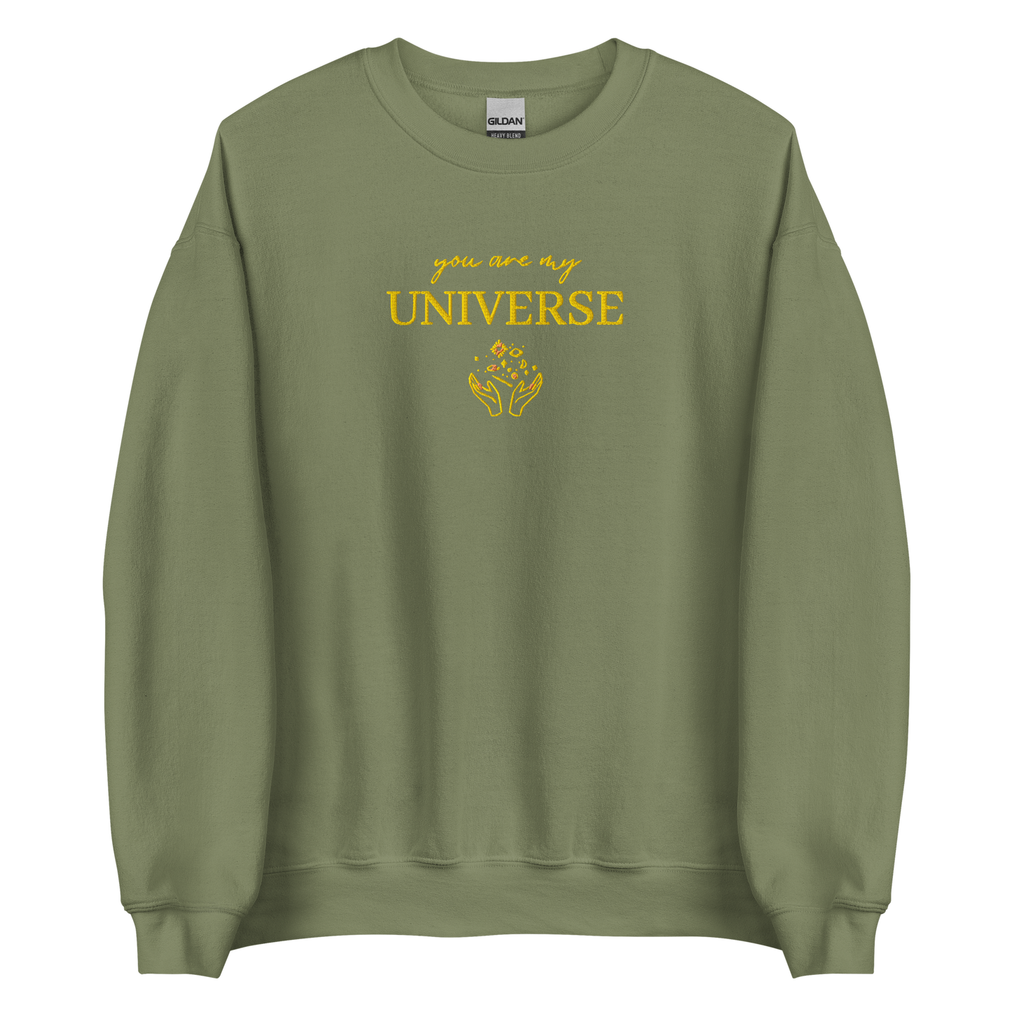 Green crewneck sweatshirt featuring yellow typography that reads “you are my Universe” with minimalist hands holding stars illustration -inspired by Coldplay’s hit song “My Universe”, aesthetic fan apparel for music lovers.