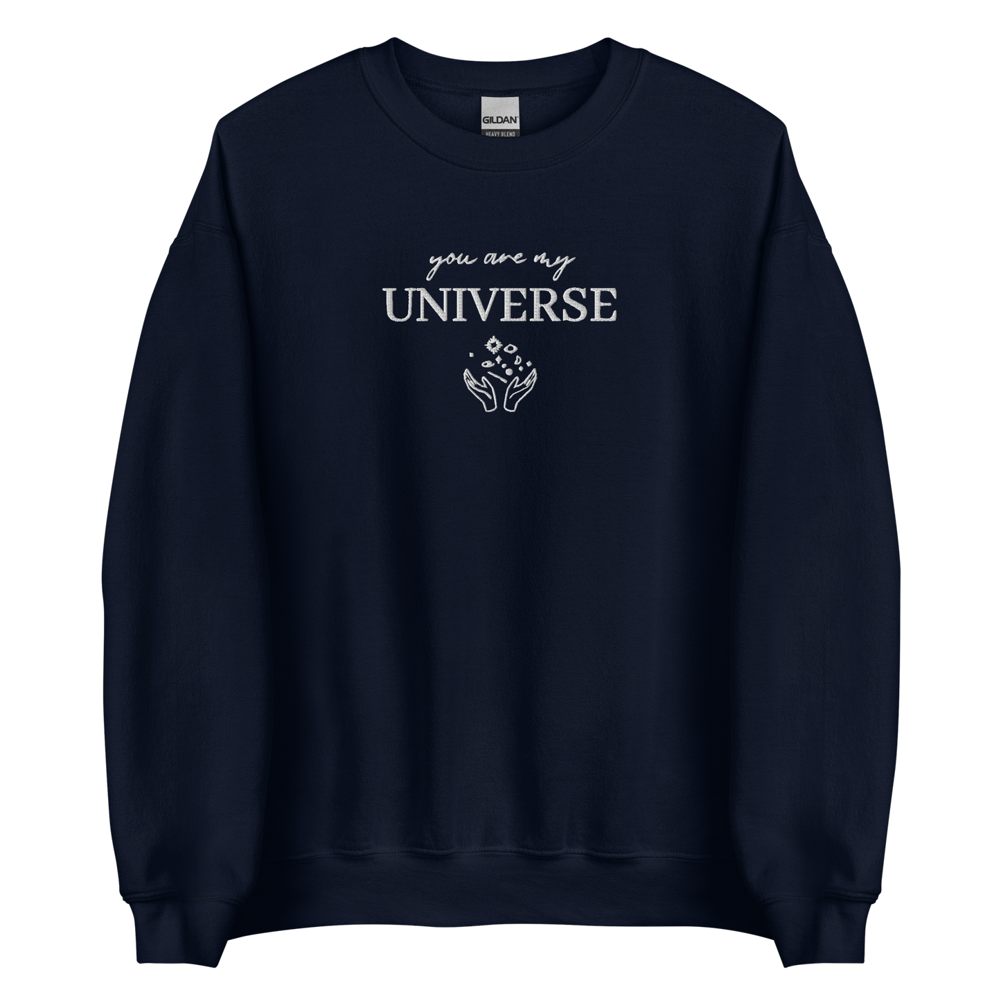 Navy crewneck sweatshirt featuring white typography that reads “you are my Universe” with minimalist hands holding stars illustration -inspired by Coldplay’s hit song “My Universe”, aesthetic fan apparel for music lovers.