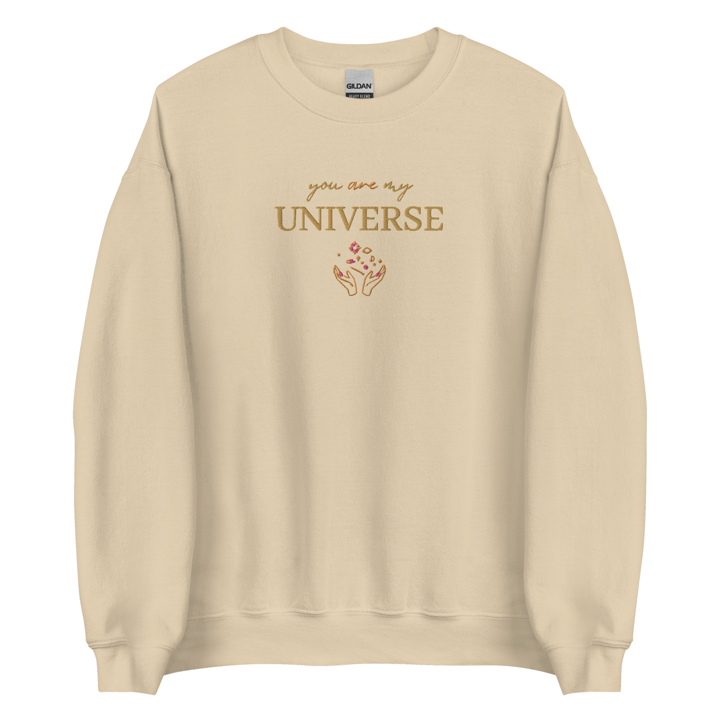 Sand crewneck sweatshirt featuring yellow typography that reads “you are my Universe” with minimalist hands holding stars illustration -inspired by Coldplay’s hit song “My Universe”, aesthetic fan apparel for music lovers