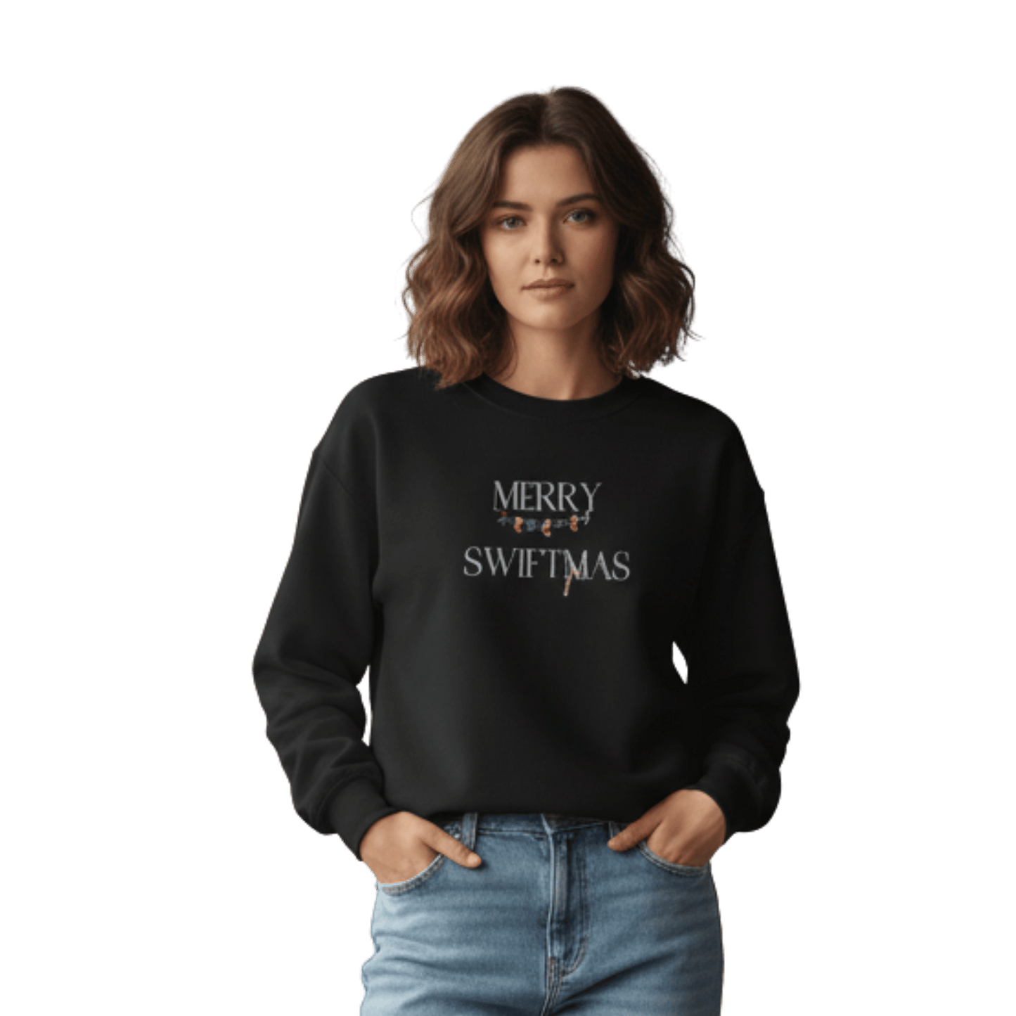 Model wearing a black Merry Swiftmas sweatshirt inspired by Taylor Swift, perfect for Swifties