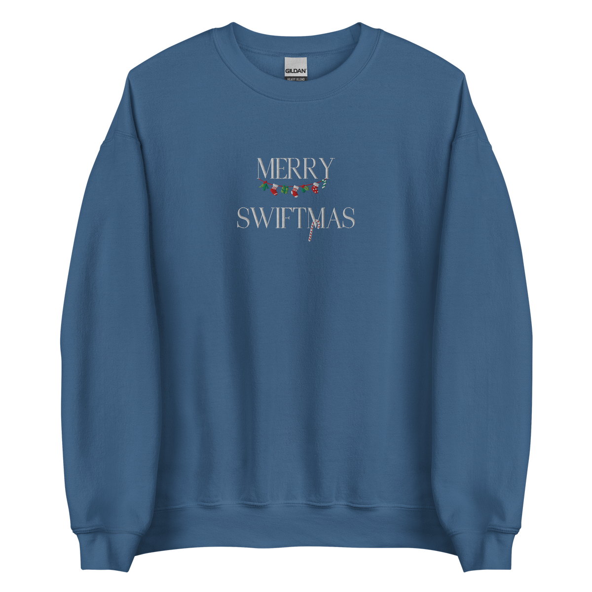Indigo blue sweatshirt with "Merry Swiftmas" embroidered text with a stocking garland and candy cane, holiday Taylor Swift design
