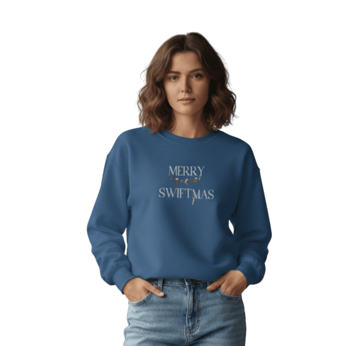 Model wearing a indigo blue sweatshirt with "Merry Swiftmas" embroidered text with a stocking garland and candy cane, holiday Taylor Swift design