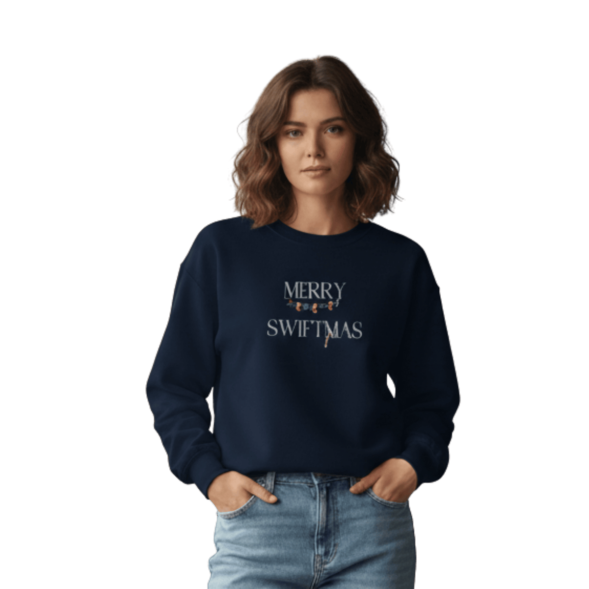 Model wearing a navy sweatshirt with "Merry Swiftmas" embroidered text with a stocking garland and candy cane, holiday Taylor Swift design