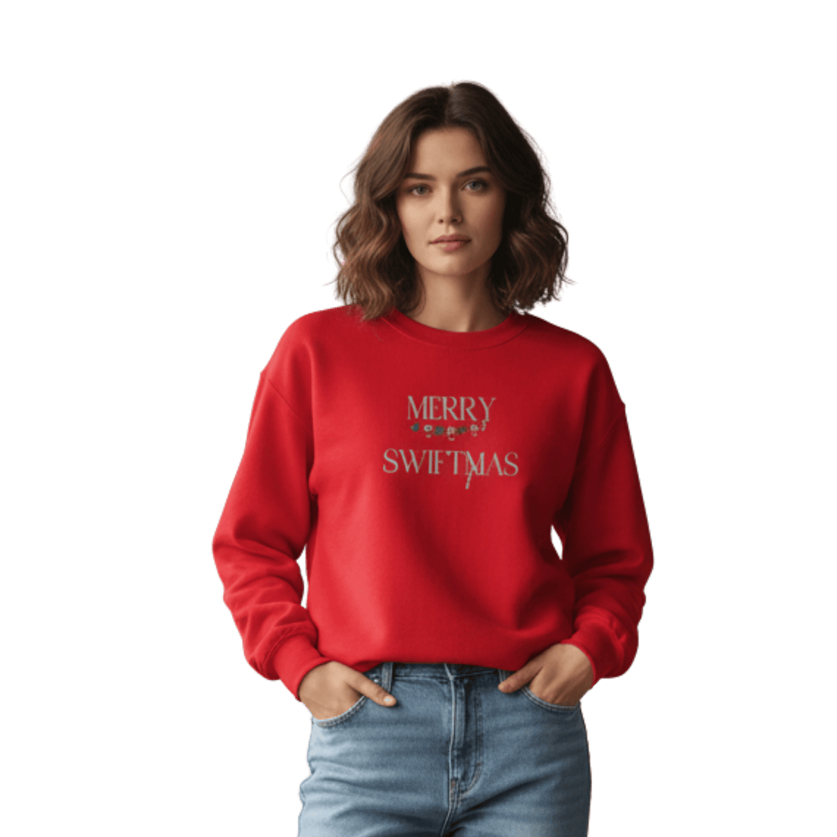 Model wearing a red sweatshirt with "Merry Swiftmas" embroidered text with a stocking garland and candy cane, holiday Taylor Swift design
