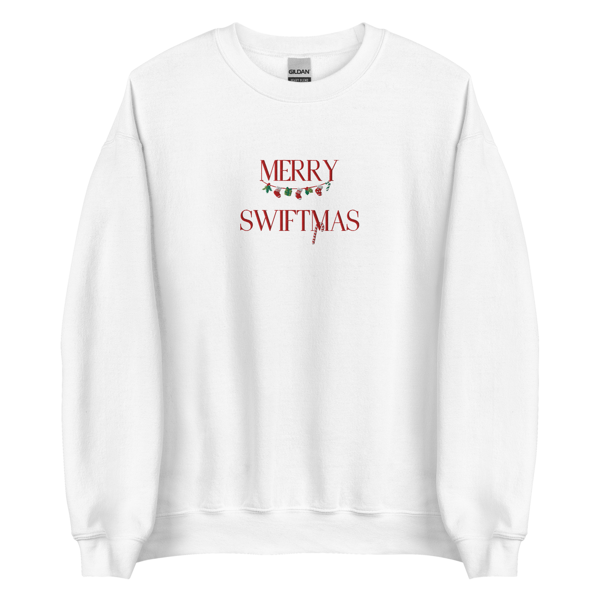 White sweatshirt with "Merry Swiftmas" embroidered text with a stocking garland and candy cane, holiday Taylor Swift design