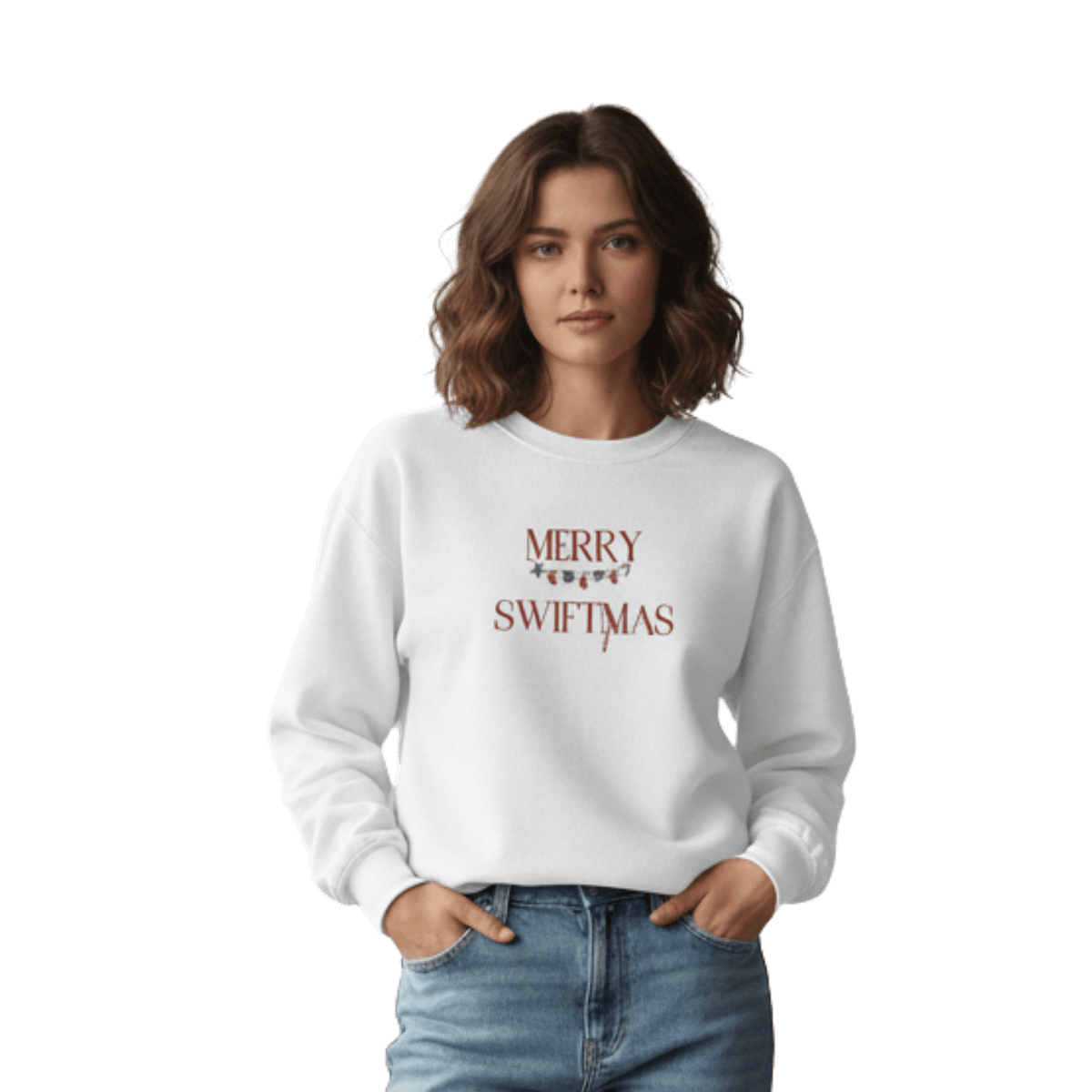 Model wearing a white sweatshirt with "Merry Swiftmas" embroidered text with a stocking garland and candy cane, holiday Taylor Swift design