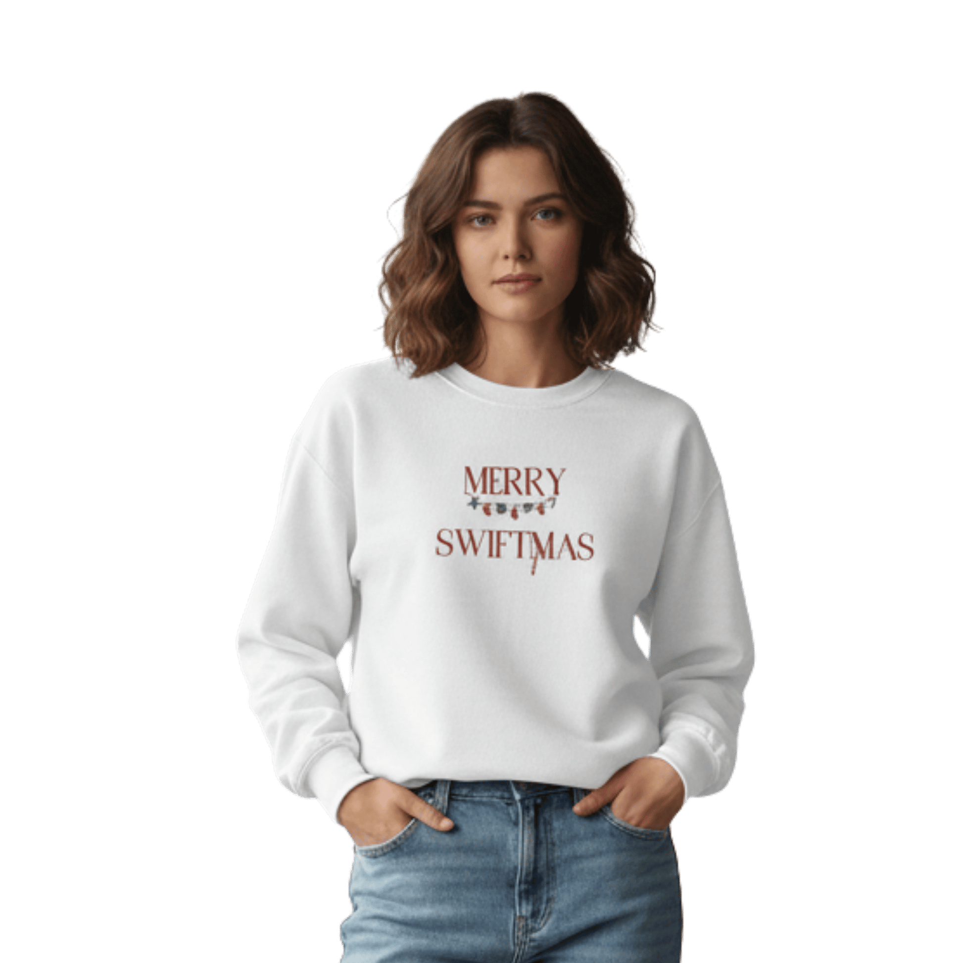 Model wearing a white Merry Swiftmas sweatshirt inspired by Taylor Swift, perfect for Swifties