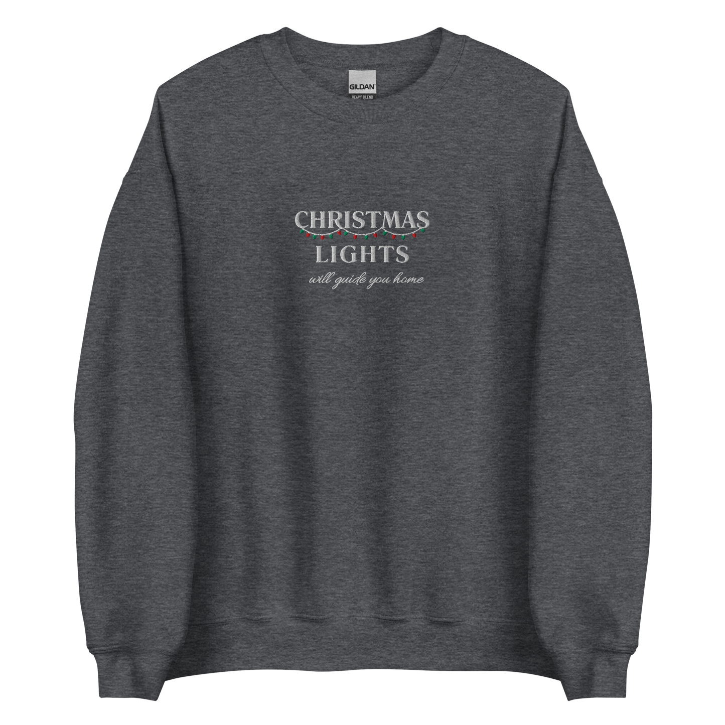 Dark Heather Christmas Lights sweatshirt inspired by Coldplay lyrics ‘lights will guide you home’ 
