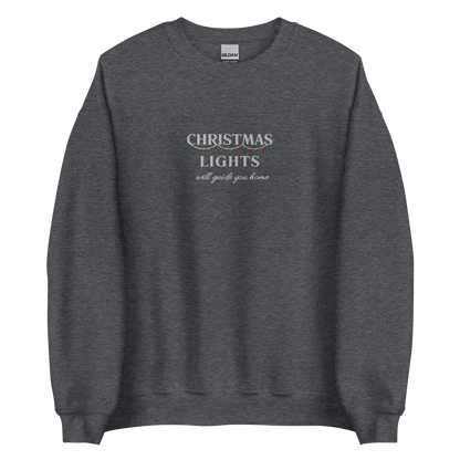 Dark Heather Christmas Lights sweatshirt inspired by Coldplay lyrics ‘lights will guide you home’ 