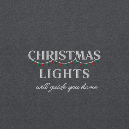 Dark Heather Christmas Lights sweatshirt inspired by Coldplay lyrics ‘lights will guide you home’ 