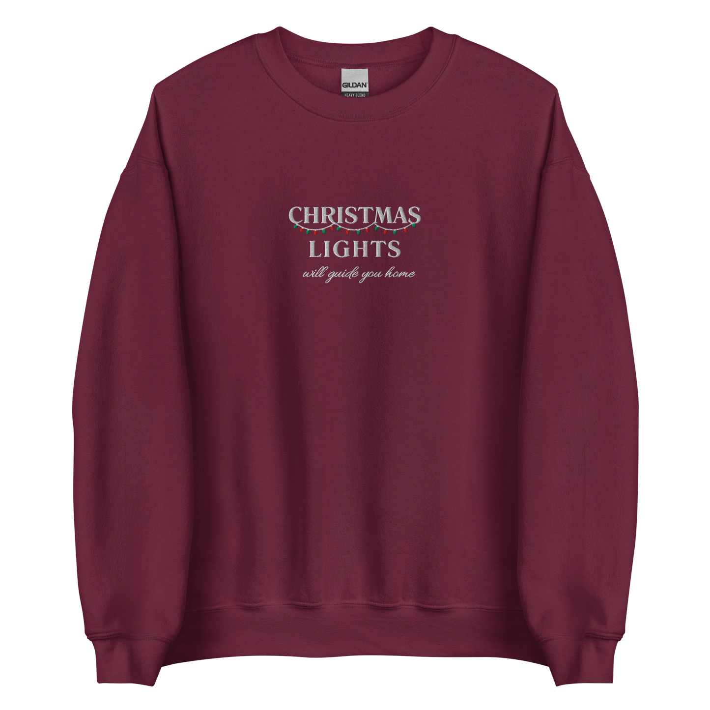 Maroon Christmas Lights sweatshirt inspired by Coldplay lyrics ‘lights will guide you home’ 