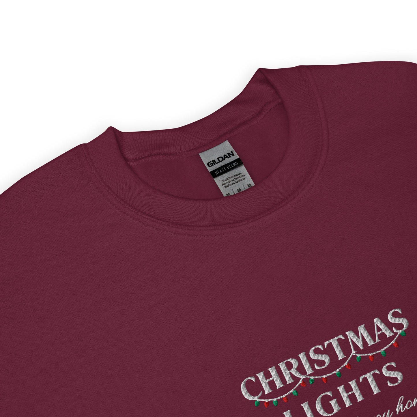Maroon Christmas Lights sweatshirt inspired by Coldplay lyrics ‘lights will guide you home’ 
