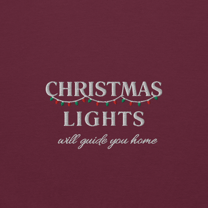 Maroon Christmas Lights sweatshirt inspired by Coldplay lyrics ‘lights will guide you home’ 