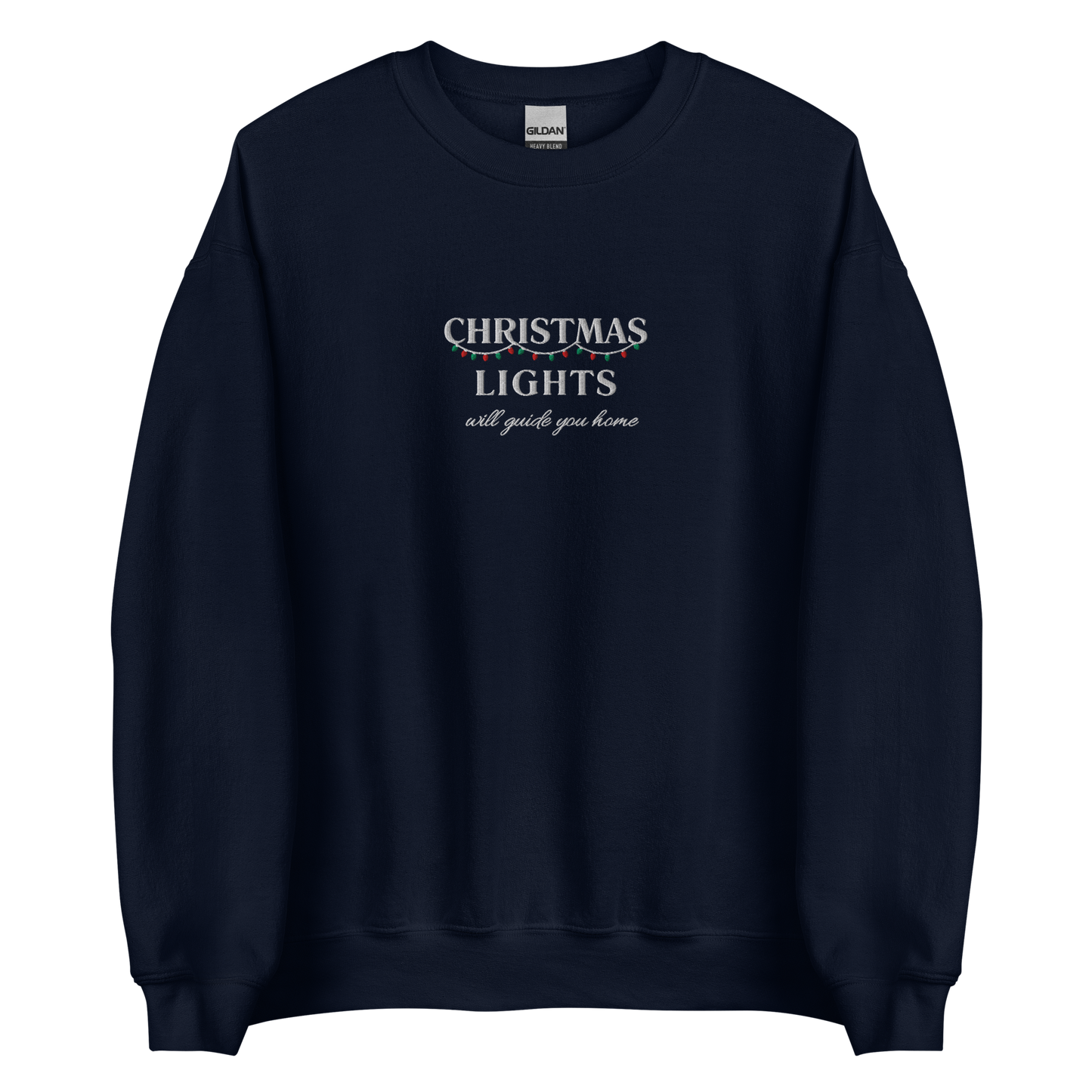 Navy Christmas Lights sweatshirt inspired by Coldplay lyrics ‘lights will guide you home’ 
