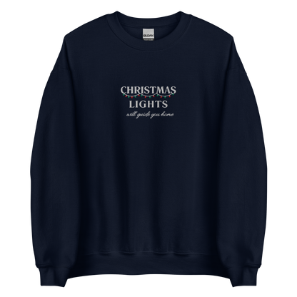 Navy Christmas Lights sweatshirt inspired by Coldplay lyrics ‘lights will guide you home’ 