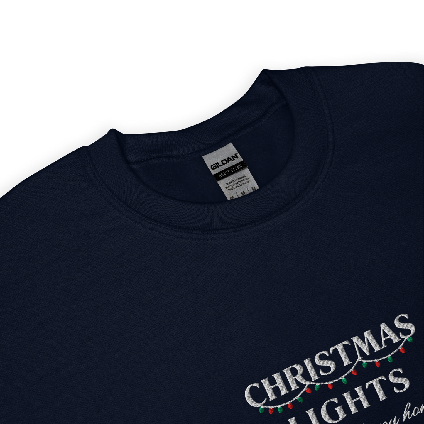Navy Christmas Lights sweatshirt inspired by Coldplay lyrics ‘lights will guide you home’ 