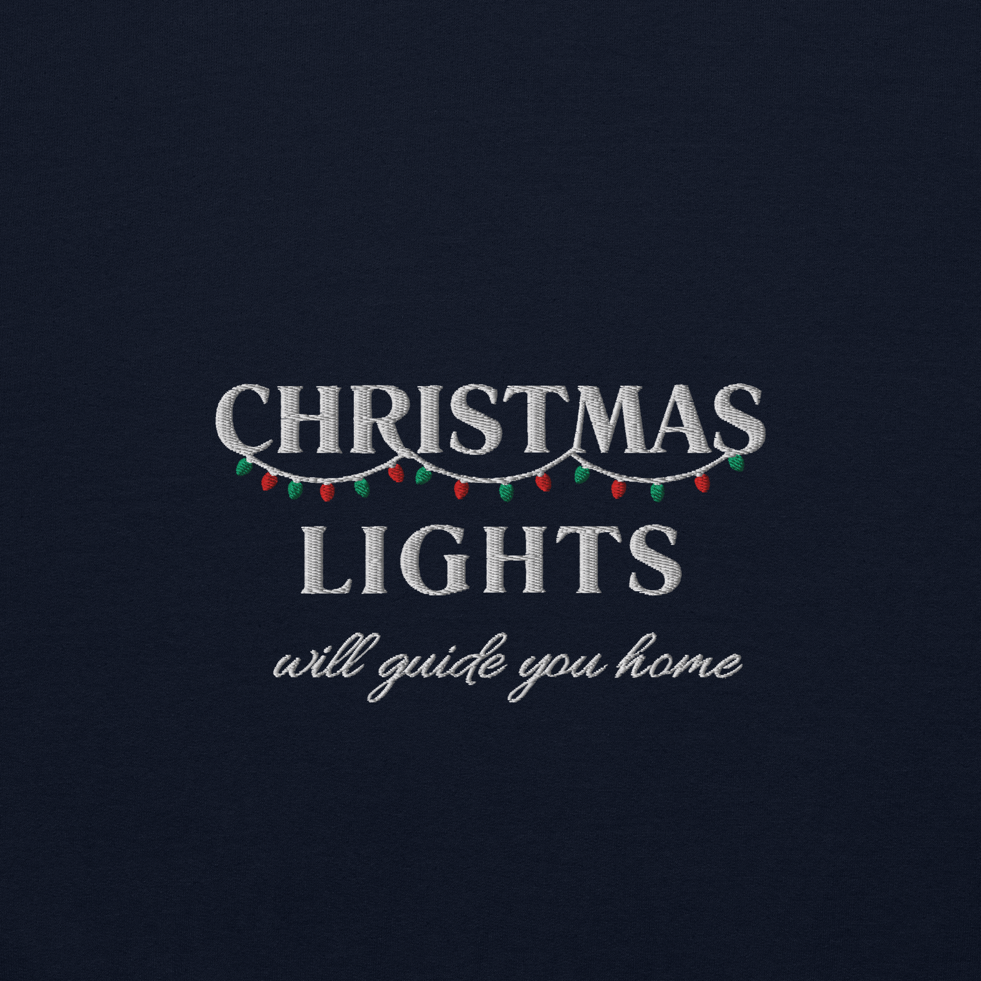 Navy Christmas Lights sweatshirt inspired by Coldplay lyrics ‘lights will guide you home’ 