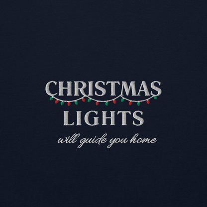 Navy Christmas Lights sweatshirt inspired by Coldplay lyrics ‘lights will guide you home’ 